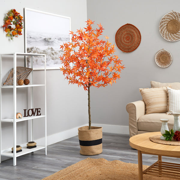 Nearly Natural 6' Artificial Autumn Maple Tree With Handmade Jute & Cotton Basket T3152
