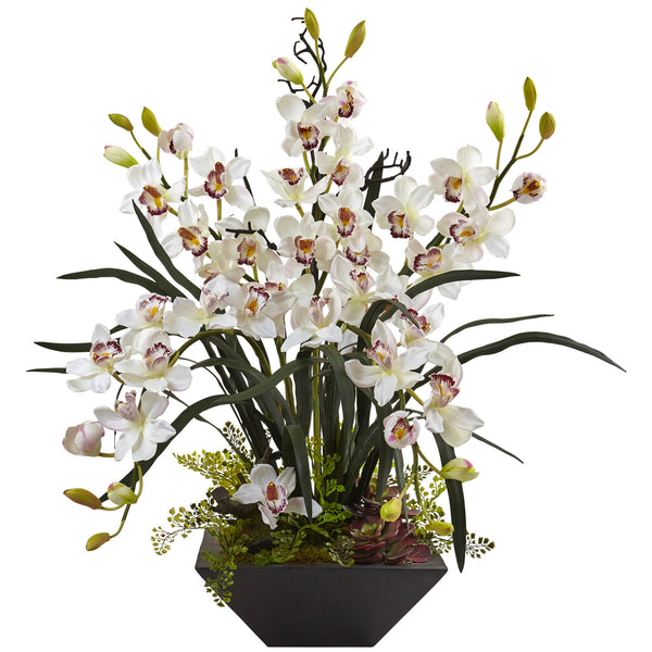 Nearly Natural Cymbidium Orchid With Black Vase 1404