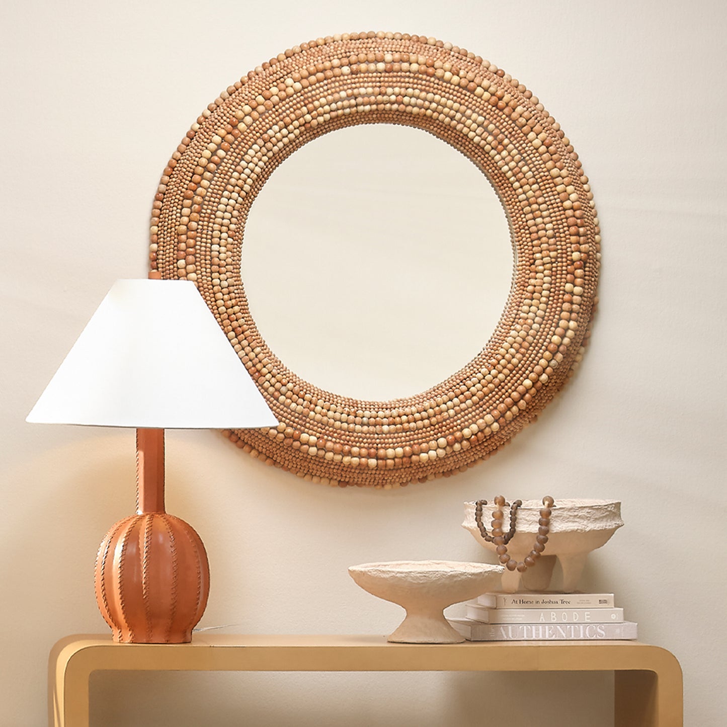 Strand Wood Beaded Round Mirror, Natural