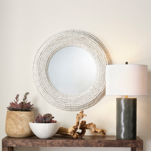 Strand Wood Beaded Round Mirror, White