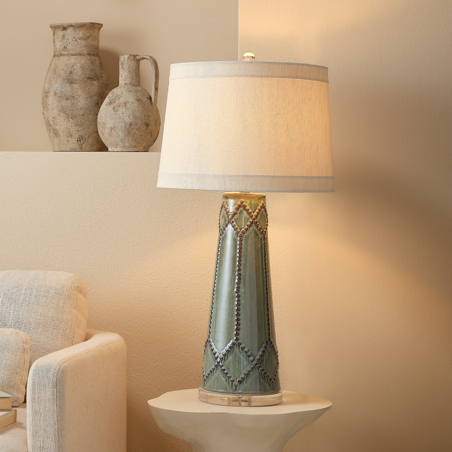 Hobnail Ceramic Table Lamp, Teal