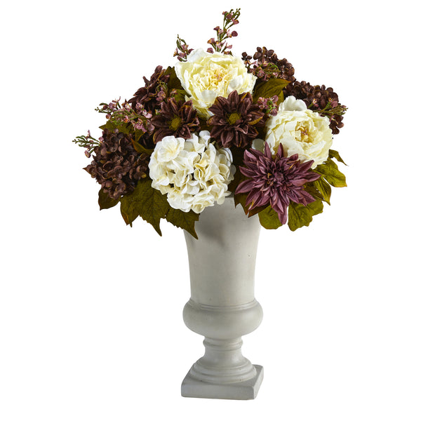 Nearly Natural 27” Peony, Hydrangea And Dahlia Artificial Arrangement In Sand Colored Urn A1608