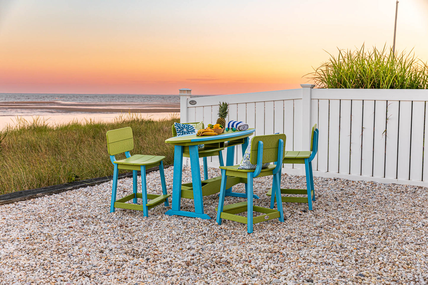 Beaver Dam Woodworks 6' SurfAira poly Surf Board Table and Chairs aruba blue and lime green