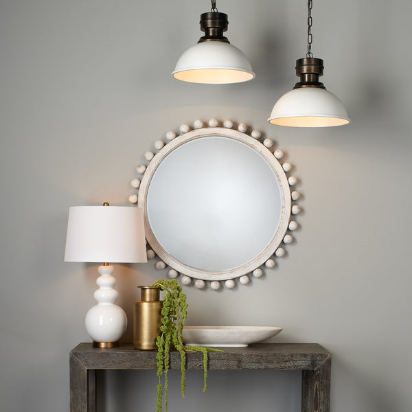 Brighton Round Wood Mirror, White Washed