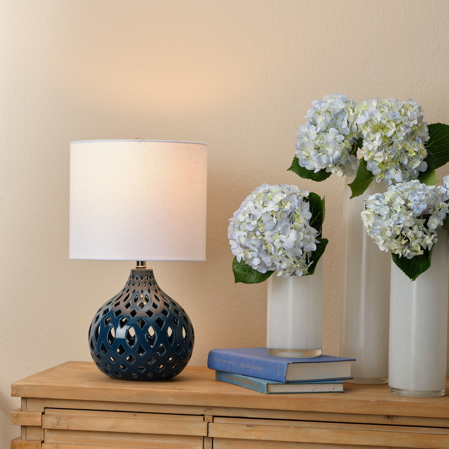 Fretwork Ceramic Table Lamp, Navy Blue