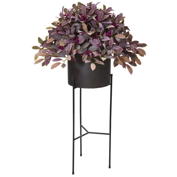 Nearly Natural 49” Fall Laurel Leaf With Berries Artificial Plant In Black Planter With Stand