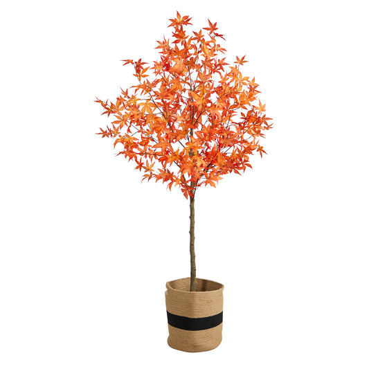 Nearly Natural 6' Artificial Autumn Maple Tree With Handmade Jute & Cotton Basket T3152