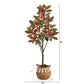 Nearly Natural 5’ Artificial Fall Magnolia Tree With Handmade Jute & Cotton Basket With Tassels T3551