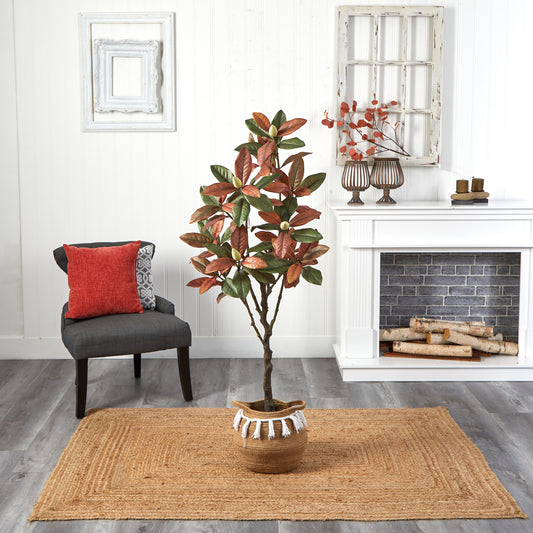 Nearly Natural 5’ Artificial Fall Magnolia Tree With Handmade Jute & Cotton Basket With Tassels T3551