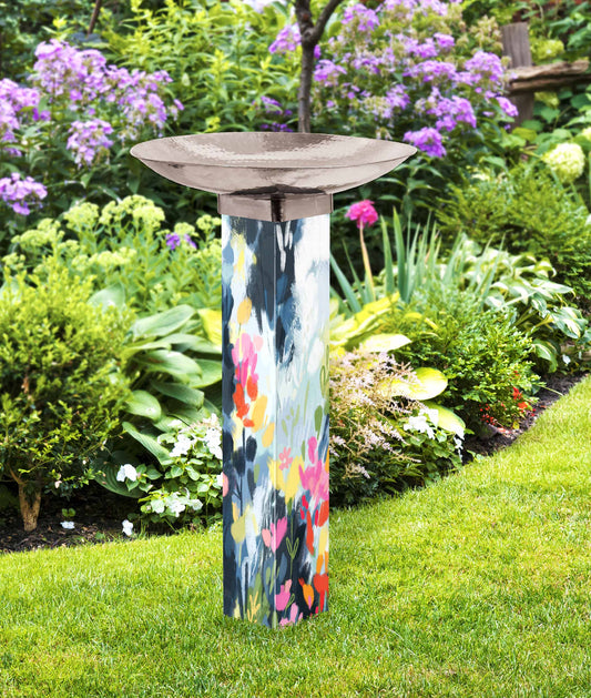 Studio-M Abstract Flowers Bird Bath Art Pole w/ST9025 Stainless Steel Topper