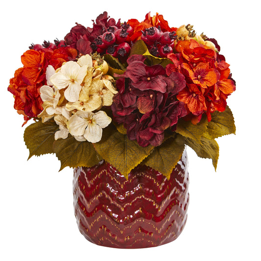 Hydrangea Berry Artificial Arrangement In Red Vase