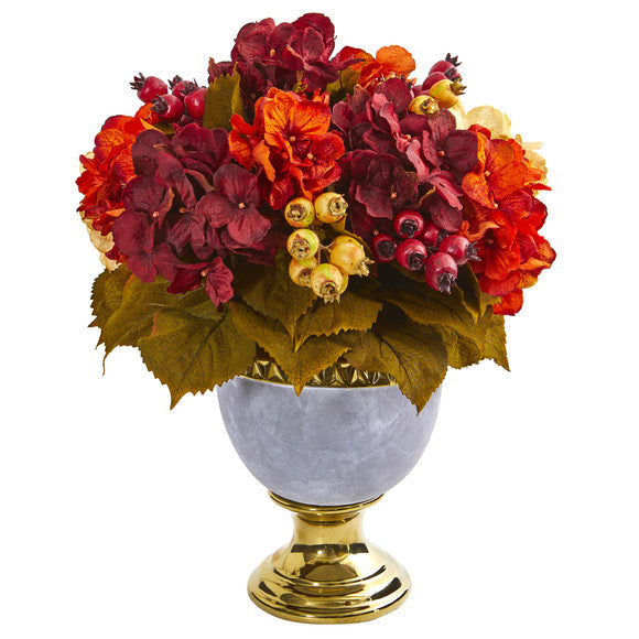 16” Autumn Hydrangea Berry Artificial Arrangement In Decorative Urn