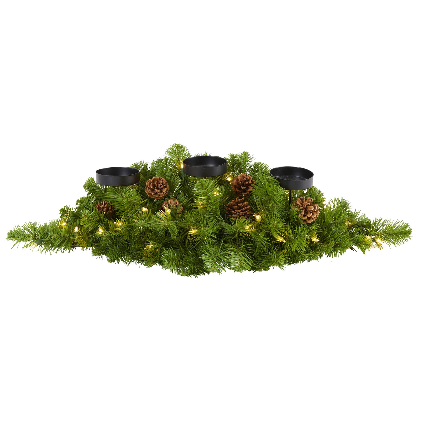 30” Christmas Artificial Pine Triple Candelabrum With 35 Clear Lights And Pine Cones