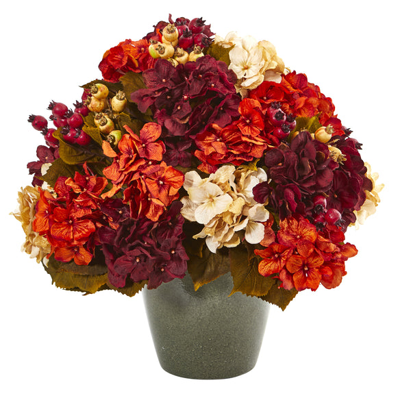 20” Autumn Hydrangea Artificial Arrangement In Green Vase