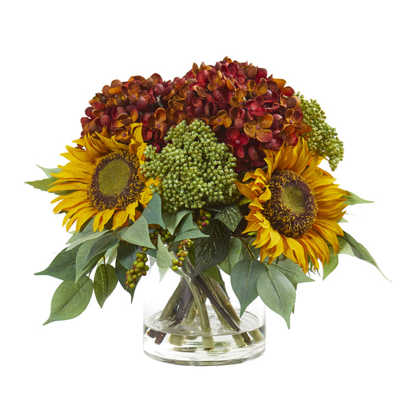 11” Sunflower And Hydrangea Artificial Arrangement