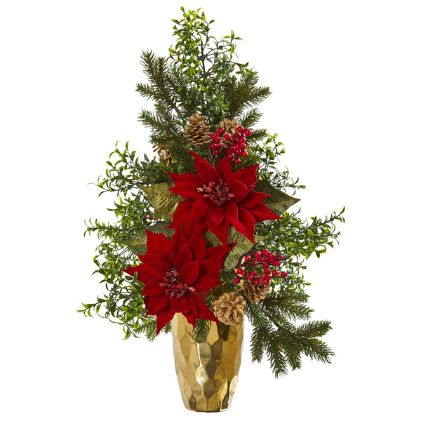 25” Poinsettia, Boxwood And Pine Artificial Arrangement In Gold Vase