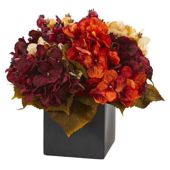 12” Autumn Hydrangea Berry Artificial Arrangement In Black Vase