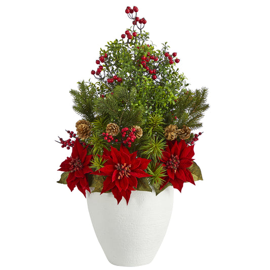 32” Poinsettia, Boxwood And Succulent Artificial Arrangement In White Vase