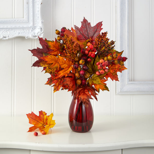 18” Maple Leaf And Berries Artificial Arrangement In Ruby Vase