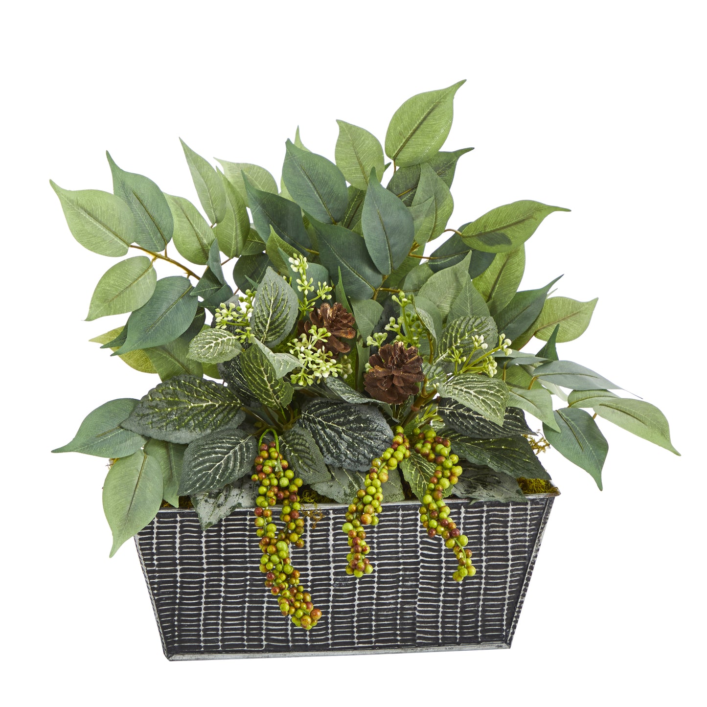 14” Mixed Ficus And Fittonia Artificial Plant In Embossed Tin Planter