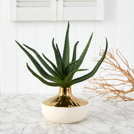12” Aloe Succulent Artificial Plant In Gold And Cream Elegant Planter