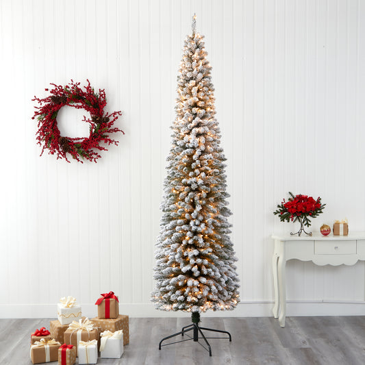 9’ Flocked Pencil Artificial Christmas Tree With 600 Clear Lights And 896 Bendable Branches