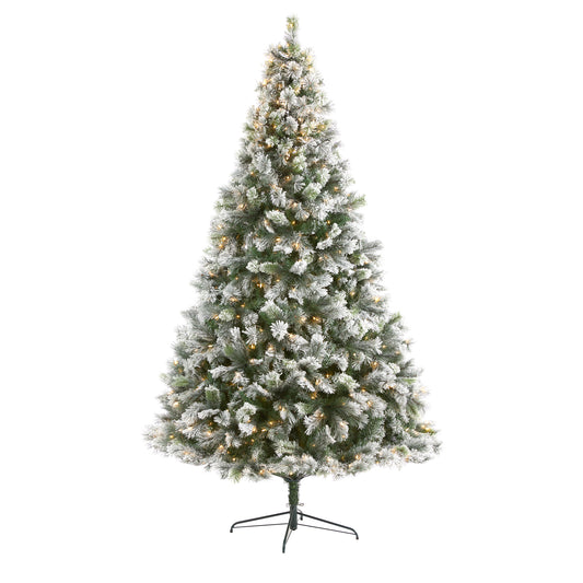9’ Flocked Oregon Pine Artificial Christmas Tree With 600 Clear Lights And 1580 Bendable Branches