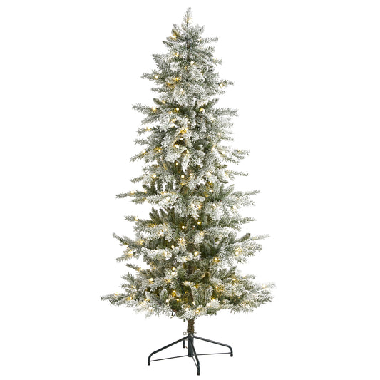 6.5’ Slim Flocked Nova Scotia Spruce Artificial Christmas Tree With 300 Warm White LED Lights And 699 Bendable Branches