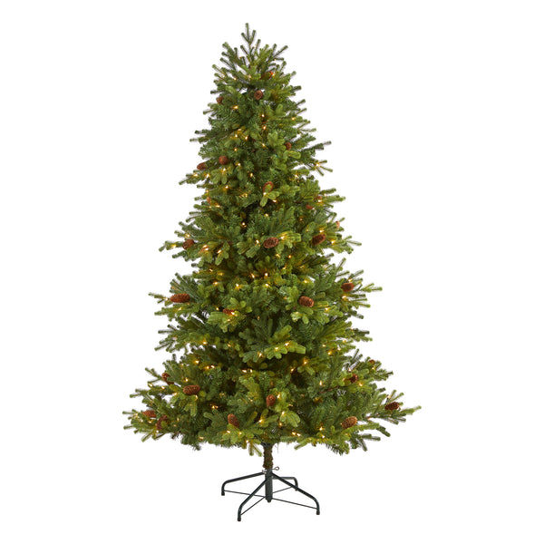 6.5’ Yukon Mountain Fir Artificial Christmas Tree With 450 Clear Lights, Pine Cones And 1236 Bendable Branches
