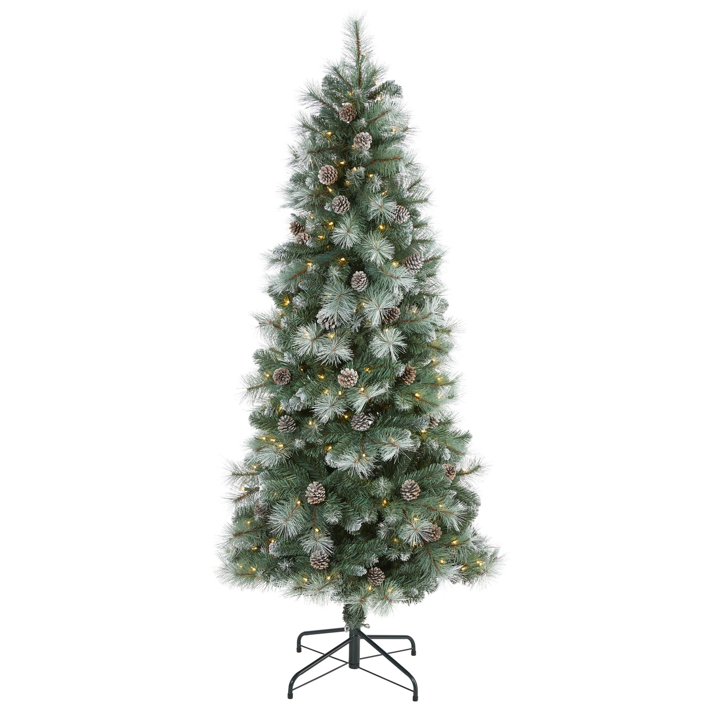6’ Frosted Tip British Columbia Mountain Pine Artificial Christmas Tree With 250 Clear Lights, Pine Cones And 588 Bendable Branches
