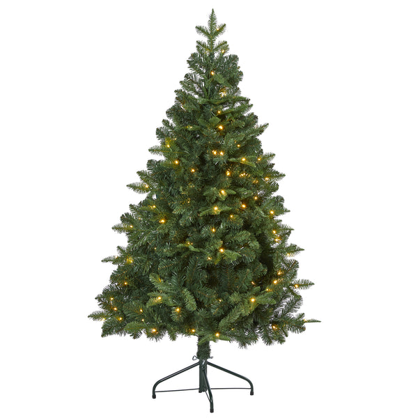5’ Grand Teton Spruce Flat Back Artificial Christmas Tree With 120 Clear LED Lights And 514 Bendable Branches