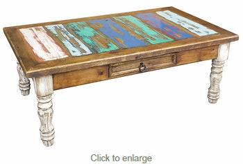 Painted Wood Coffee Table with White-Washed Turned Legs and Multi-Color Top GE1038