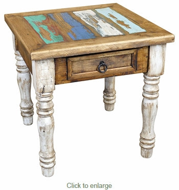 Painted Wood End Table with White-Washed Turned Legs and Multi-Color Top GE1036